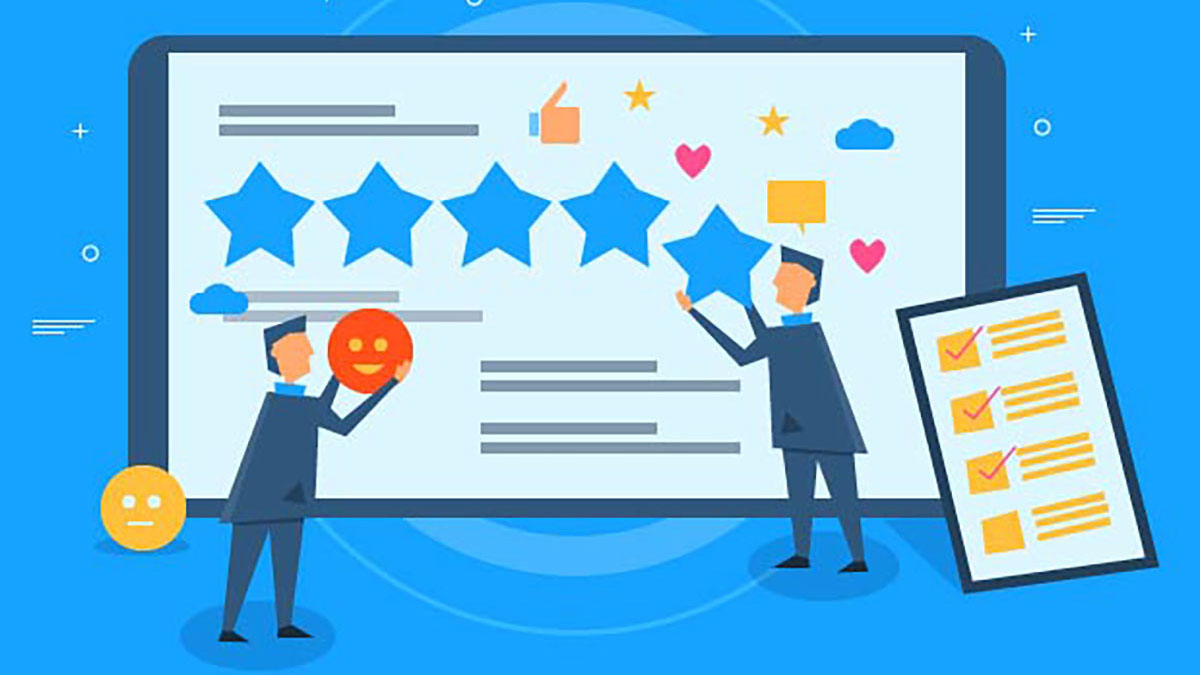 Two animated figures in suits decorating an animated device screen.