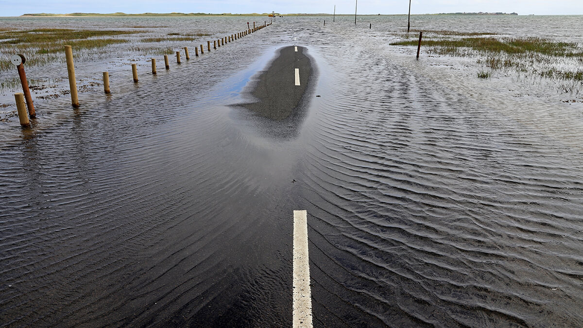 Cars driving through partially flooded roads