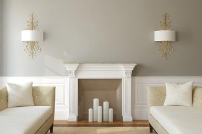 A fireplace in center of living room